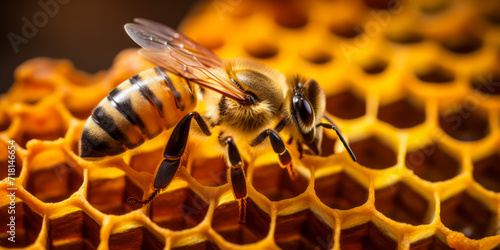 Honeybee working diligently on golden honeycomb, close-up view © thodonal
