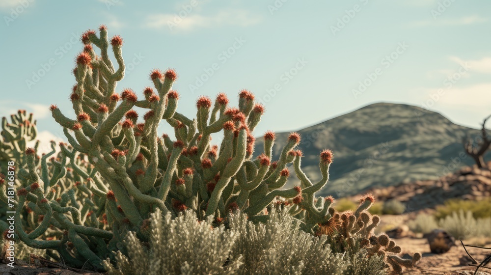 Fototapeta premium Santa Fe with a close-up of a looming cholla cactus in the desert, showcasing the unique beauty of the southwestern landscape.