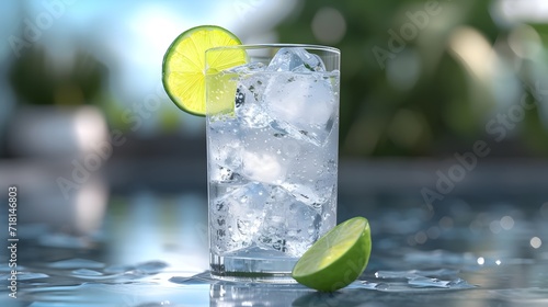 cocktail with lime, a refreshing and classic gin and tonic cocktail, garnished with a wedge of lime and served over ice in a tall glass