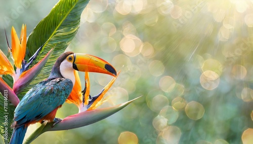 Opalizing pastel tropical jungle background with a toucan bird, strelitzia flower and green leaves. Copyspace, bokeh light. 
 photo