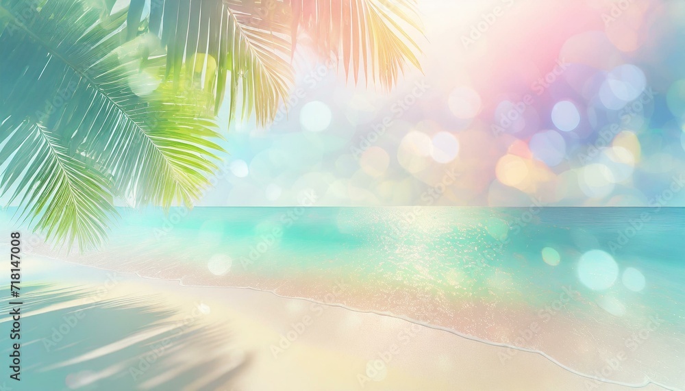Paradise beach landscape as background. Pastel vivid colours, copyspace, tropical palm tree, glittering bokeh light. 