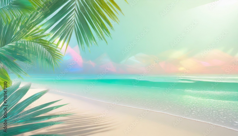 Paradise beach landscape as background. Pastel vivid colours, copyspace, tropical palm tree leaves, glittering sea water. 
