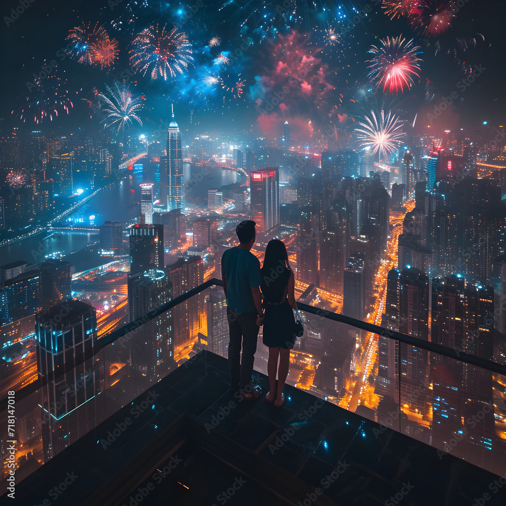 a photo of a couple standing on a rooftop of a skyscraper, they are overlooking all the many colorful firework explosion that light up high in the sky from a distant village far below them, dark night