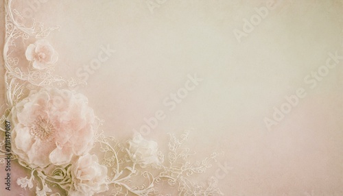 Old paper textured confectionery pastel golden beige background with floral pattern and copyspace. 