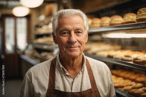 Portrait of senior man baker in an apron nad beret in a bakery on bread background. Concept of employment of elderly people, small business, cafe, bakery.AI generated