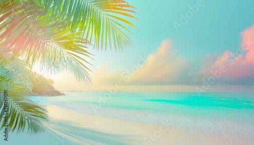 Paradise beach landscape as background. Pastel vivid colours, copyspace, tropical palm tree leaves, glittering sea water.  © Kati Lenart