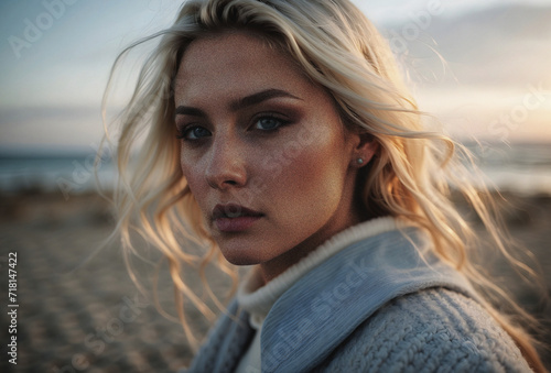 Portrait of a blonde woman on the beach at winter.