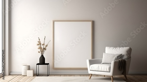 Mockup poster blank frame hanging above a modern guest room's reading nook © GraphixOne