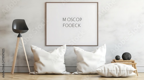 Mockup poster blank frame alongside modern Scandinavian floor cushions photo