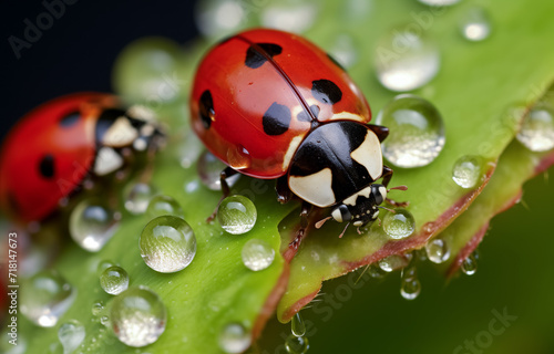 Two ladybugs on a dew-covered leaf in a vivid macro view