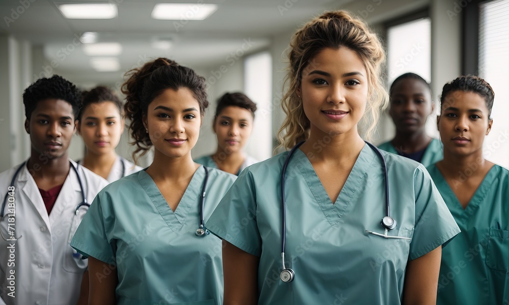 Nursing student standing with her team in hospital Nursing student standing with her team in hospital