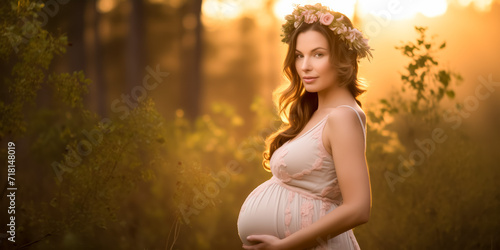 Radiant pregnant woman with floral crown in golden hour sunlight