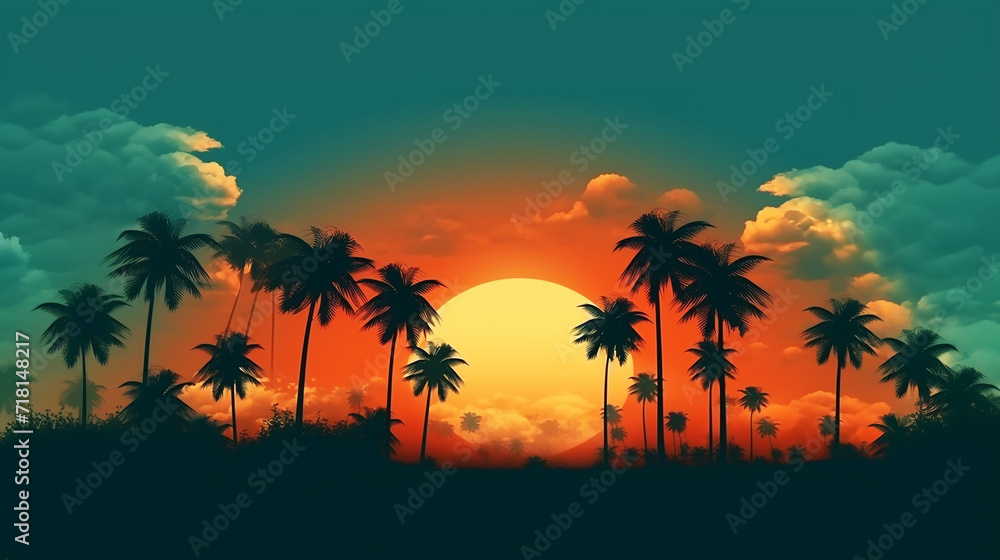 Silhouette tropical coconut tree with sunset background