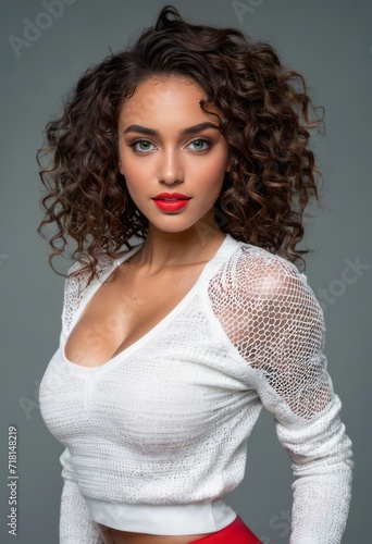 A woman with curly hair and red lipstick poses in a white top.