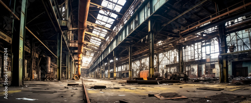 Sunlit abandoned factory floor with industrial remnants