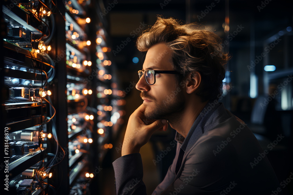 A young man computer technician looks stressed after having trouble with a server. It conveys that even the new generation of computer system administrator has problems that cannot be solved  as well.