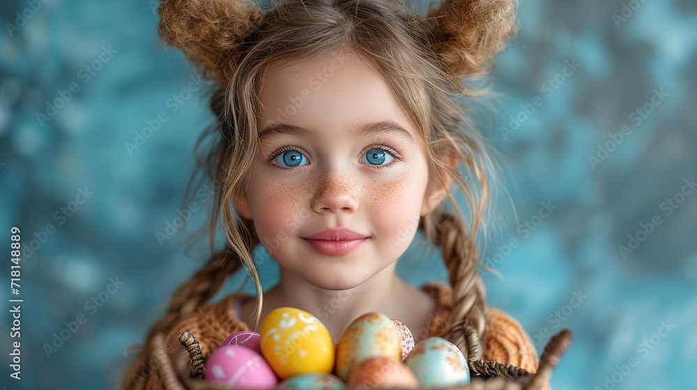 A cute girl with bunny ears holds a basket with Easter colored eggs on a blue background. A cute girl with bunny ears holds a basket with Easter colored eggs on a blue background.