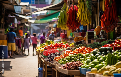 Sunlit market aisle with a rich selection of fruits and vegetables © thodonal