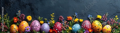 Beautiful postcard with easter decoration and painted colorful easter eggs. Banner #718149224