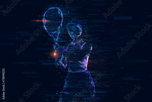 Tennis player woman with racket on tournament. Girl athlete with tenis racket on court with neon colors. Sport concept. Download a high quality photo for design of a sports app or tour events. photo