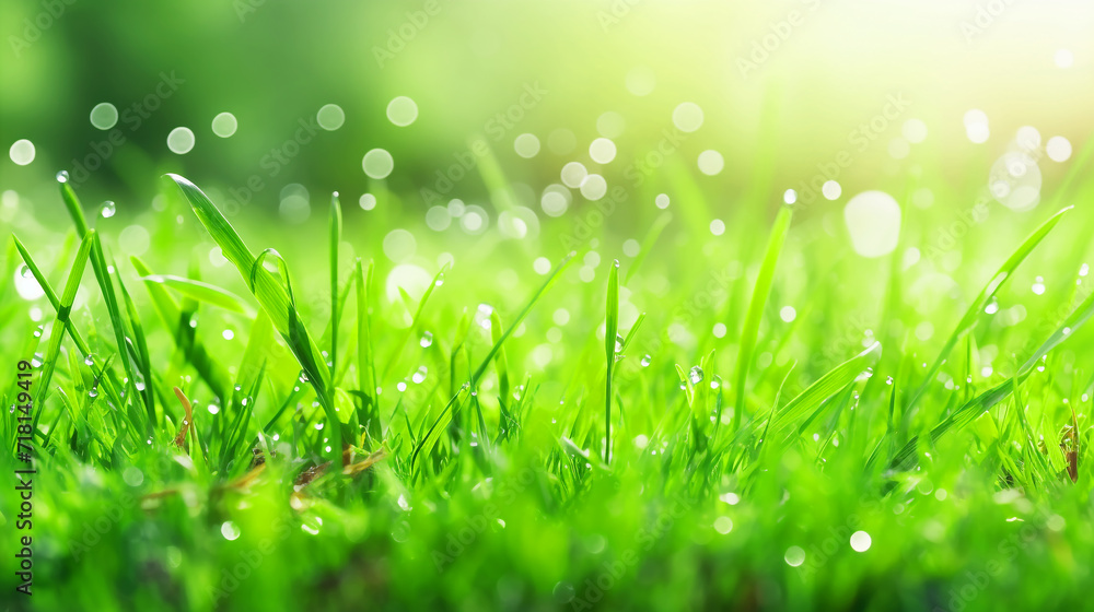Green grass field with green bokeh background