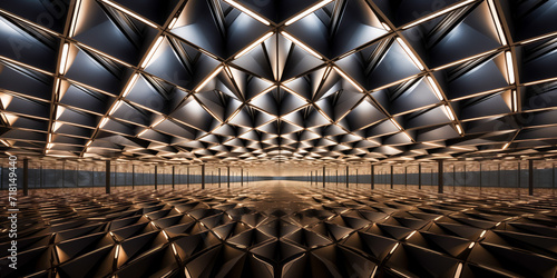 Futuristic geometric patterns in illuminated abstract hallway