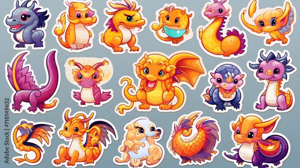 Set of Funny Baby Dragon icons for Kids. Year of the Dragon 2024