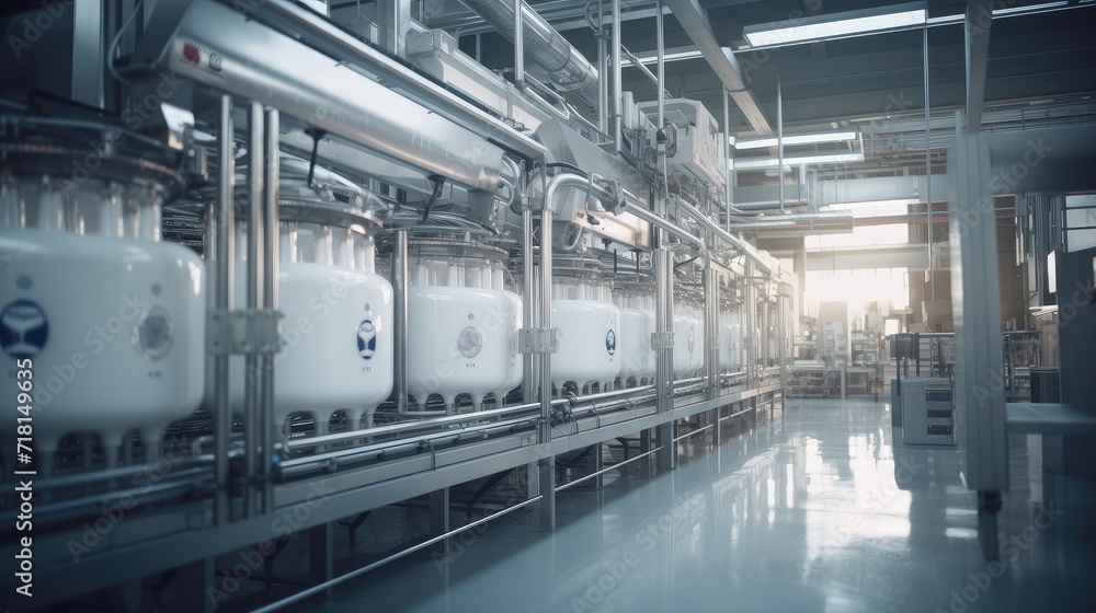 a milk factory with a robotic factory line dedicated to the processing and bottling of milk, selective focus to highlight specific details within the manufacturing process. a milk factory with a robotic factory line dedicated to the processing and bottling of milk, selective focus to highlight specific details within the manufacturing process.