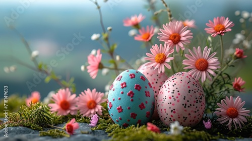 Beautiful postcard with easter decoration and painted colorful easter eggs. Banner
