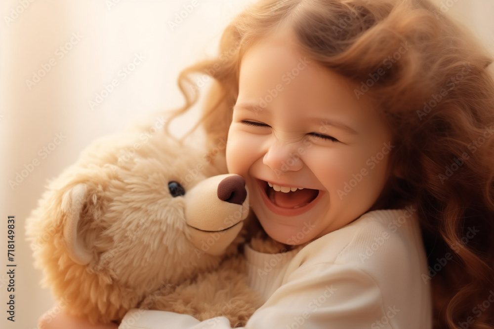 A beautiful and cute little girl in light clothes playing with a teddy bear A beautiful and cute little girl in light clothes playing with a teddy bear