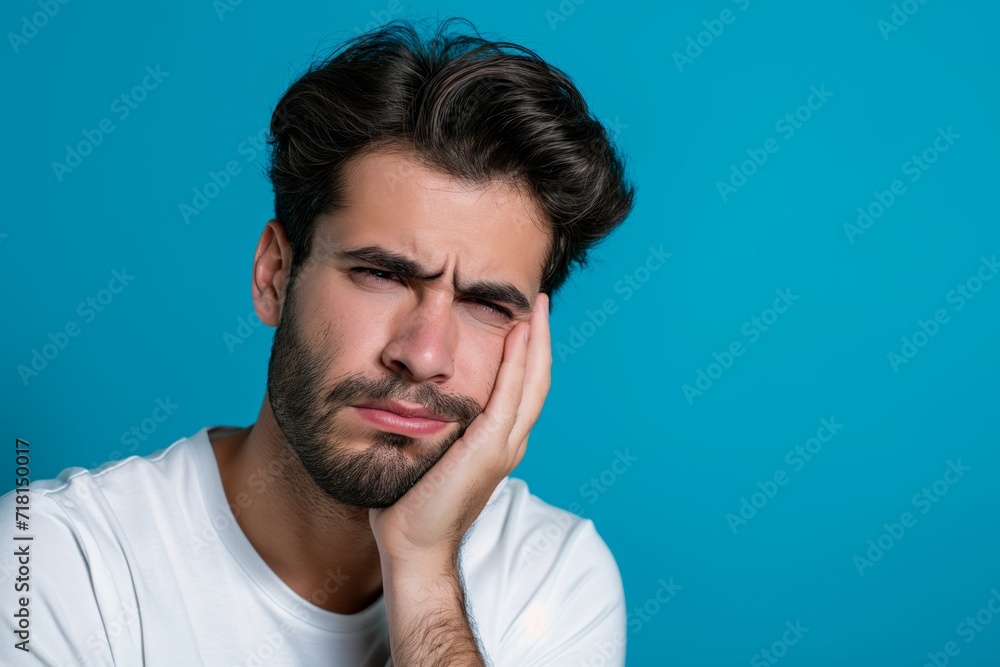 Man suffering from toothache presses his cheek shows pain and discomfort on blue background close up