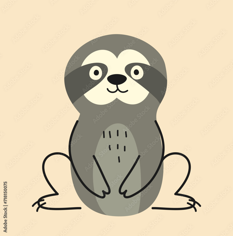 Obraz premium Cute hand drawn animal. Sticker with adorable sloth in trendy Scandinavian style. Smiling African beast or mammal inhabitant of savannah. Cartoon flat vector illustration isolated on beige background
