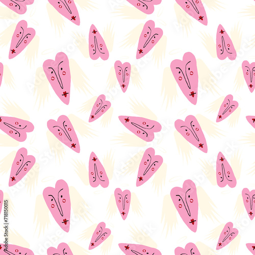 Bright Valentines Day seamless pattern with cool angels hearts.