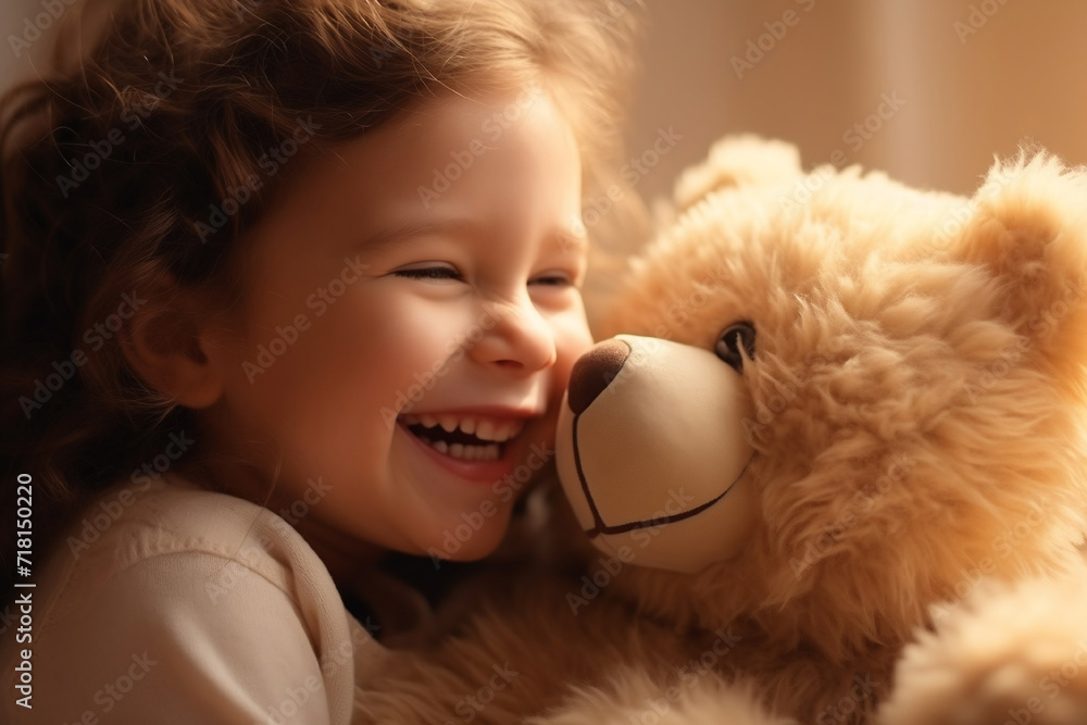 A beautiful and cute little girl in light clothes playing with a teddy bear A beautiful and cute little girl in light clothes playing with a teddy bear