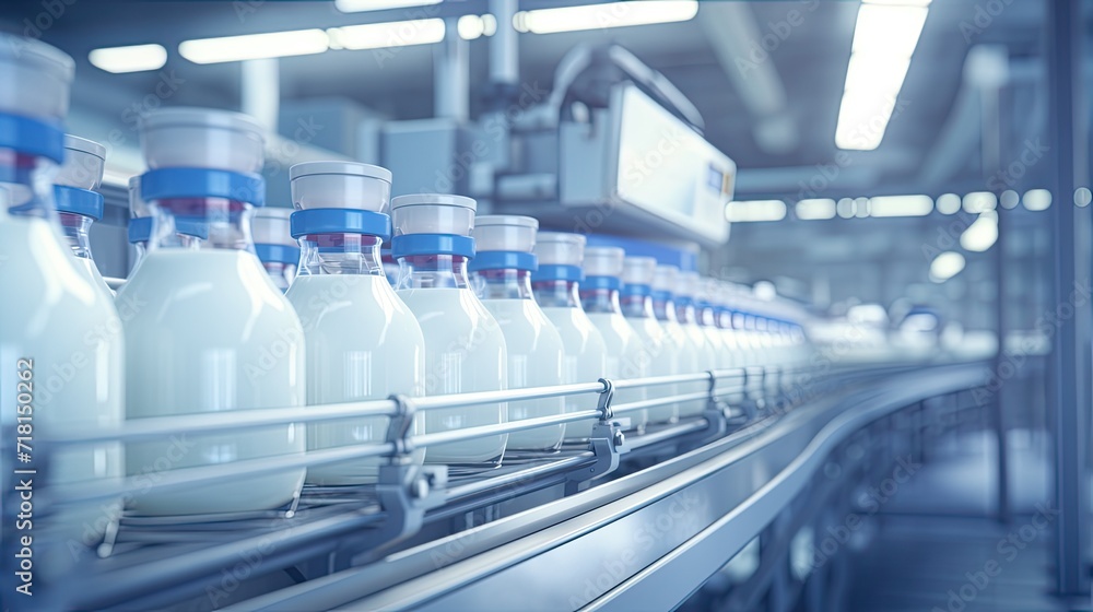 a milk factory with a robotic factory line dedicated to the processing and bottling of milk, selective focus to highlight specific details within the manufacturing process.