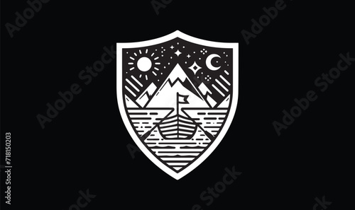 shield with swords, boat, line art, flag, moon, mountain river, water on black background