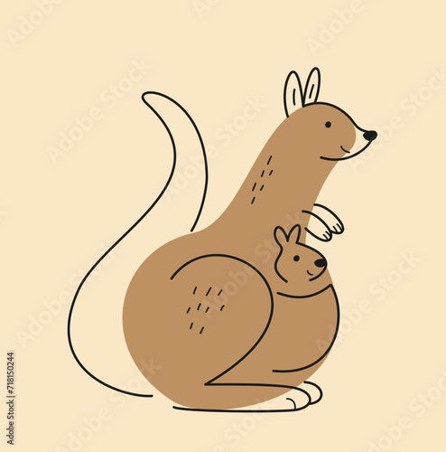 Cute hand drawn animal. Doodle sticker or icon with adorable Australian kangaroo. Smiling wild marsupial inhabitant of savanna. Cartoon flat vector illustration isolated on beige background