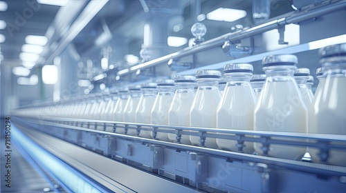 a milk factory with a robotic factory line dedicated to the processing and bottling of milk, selective focus to highlight specific details within the manufacturing process.