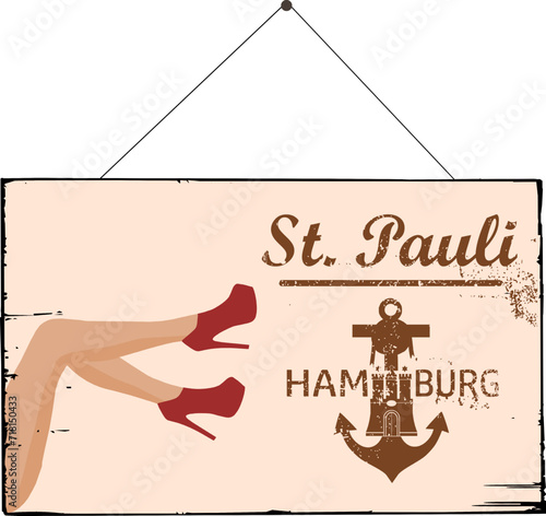 Vektor Blechschild Vintage Retro Style - St. Pauli Hamburg - Lange sexy Beine mit roten High Heels photo