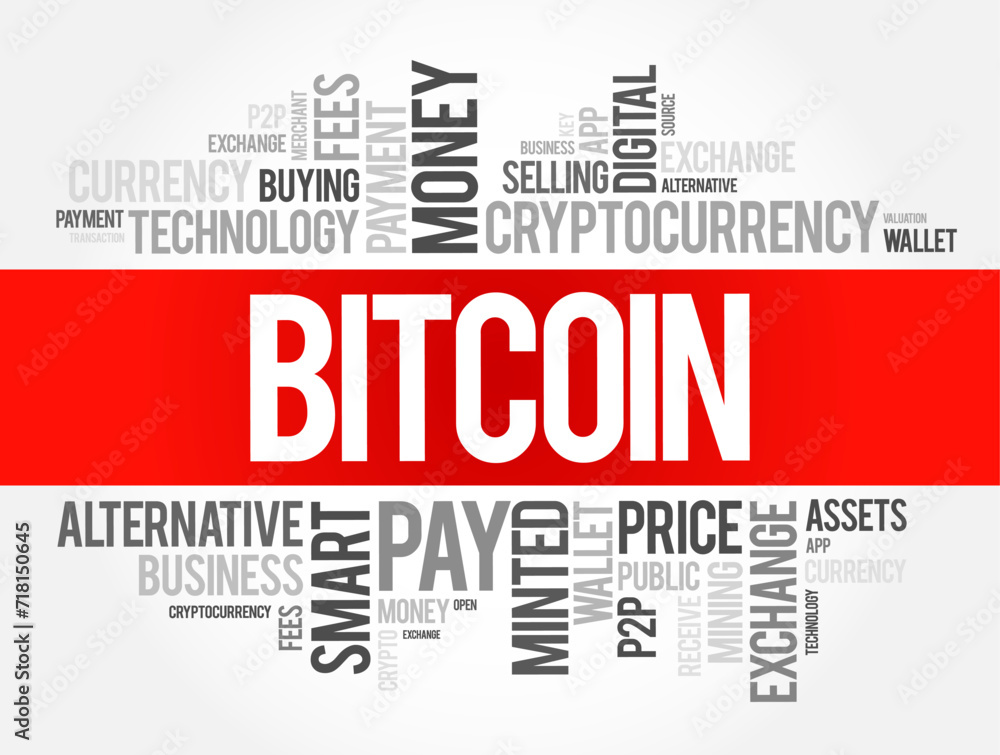 Fototapeta premium Bitcoin - decentralized digital currency, without a central bank or single administrator, word cloud concept background