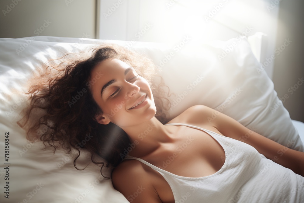 A woman smiles brightly, lying in a bed, exuding happiness and comfort in the morning light. A woman smiles brightly, lying in a bed, exuding happiness and comfort in the morning light.