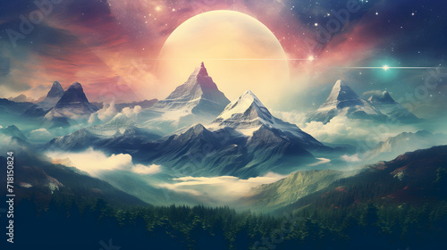 Digital painting of mountains with the moon in the background,, Majestic mountain peak reflects tranquil moonlight in dark nigh