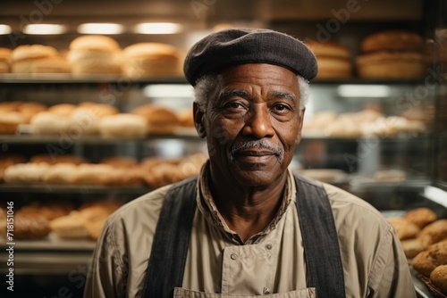 Portrait of senior african man baker in an apron nad beret in a bakery on bread background. Concept of employment of elderly people, small business, cafe, bakery.AI generated photo