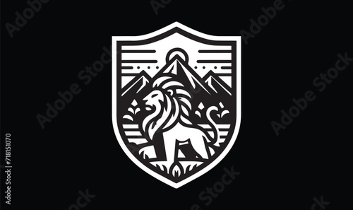 Fototapeta Naklejka Na Ścianę i Meble -  coat of arms, lion, mountain, sky on black background