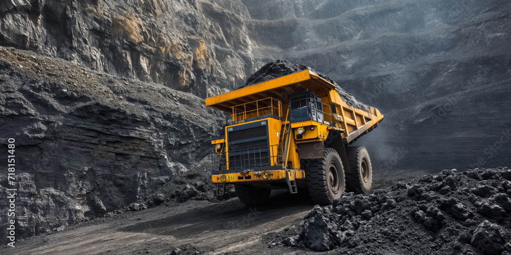 Huge heavy mining dump truck, open pit coal mining, panorama pit coal mining - obrazy, fototapety, plakaty 