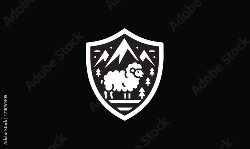 shield and wings, sheep, mountain on black background