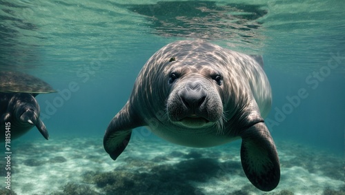  Manatee peacefully swimming in shallow waters 