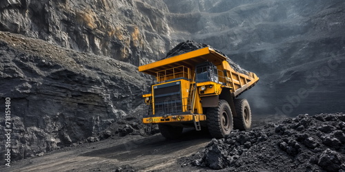 Huge heavy mining dump truck, open pit coal mining, panorama pit coal mining photo