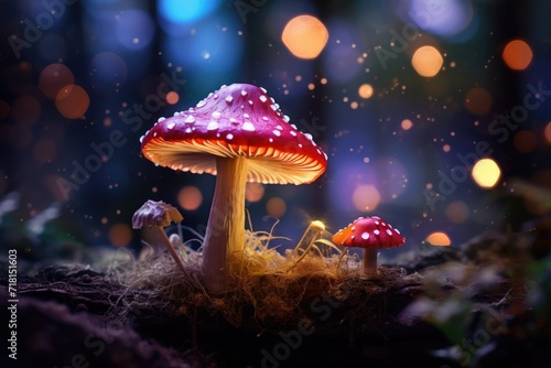 Mushrooms in the forest, Fantasy mushroom with bokeh light in the forest at night 3d illustration of abstract background Ai generated