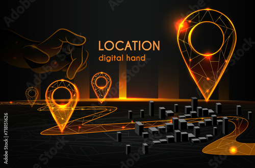Digital hand set location pin on map. Futuristic banner with innovative AI GPS system for logistics, delivery and correct route. Navigation and orientation in space. Neon flat vector illustration